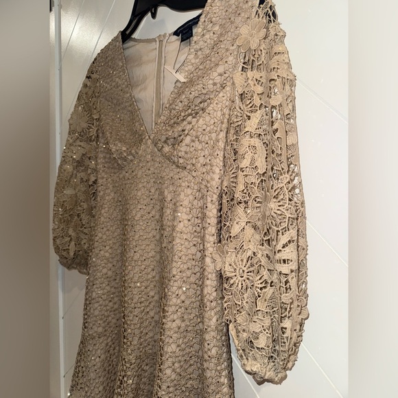 NEW - FRENCH CONNECTION Nude Caballo Sequin Lace Puff Sleeve Mini Dress size 6 - Picture 12 of 13